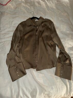 Anine Bing Olive Satin Button-Down Shirt
